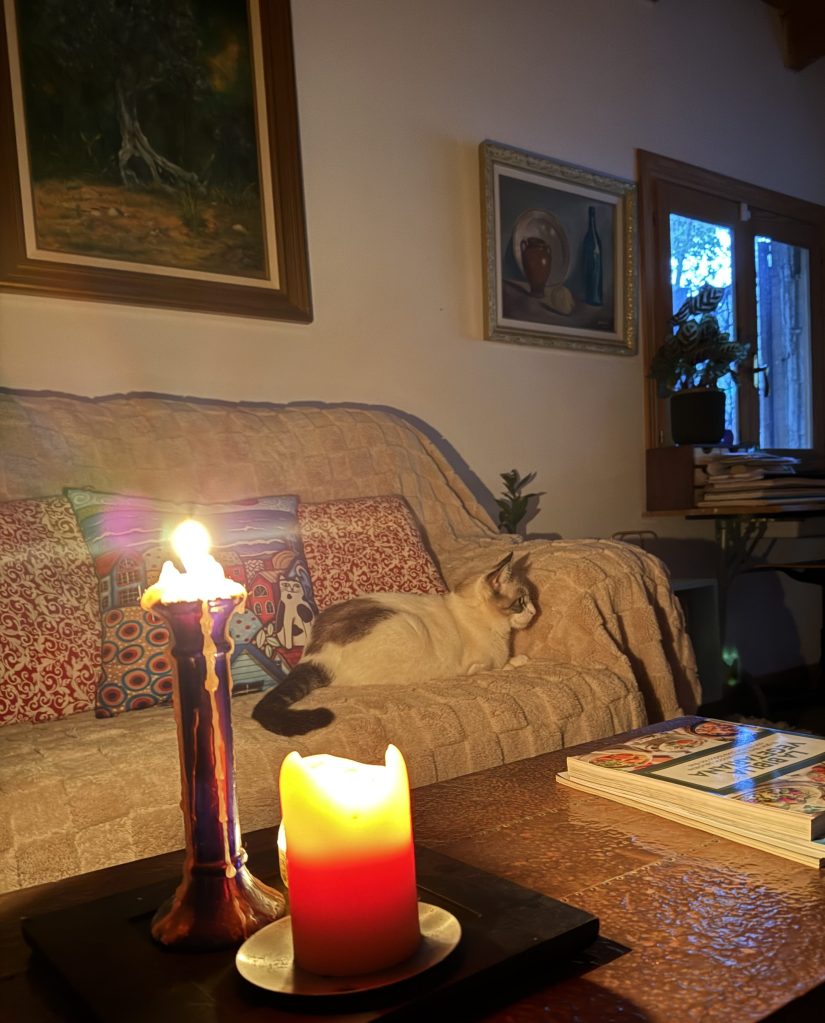 Una sala acogedora iluminada por la luz de dos velas, con un gato en un sofá y pinturas en la pared.